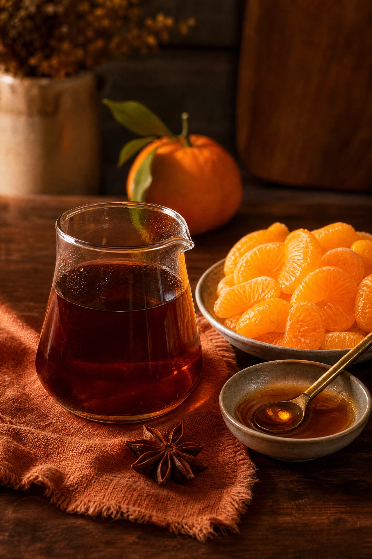 Lapsang Souchong tea, mandarin segments, cinnamon syrup, and star anise prepared for a Smoky Mandarin Tea Cooler.