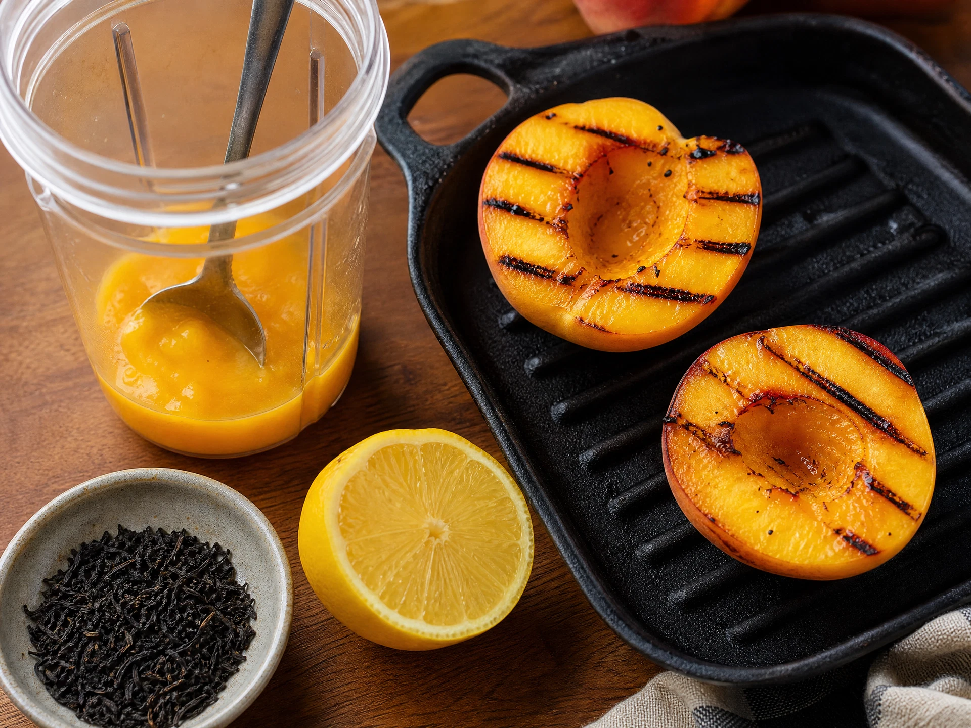 A close-up view of a single serving of Smoky Peach Tea in a glass filled with ice, garnished with a grilled peach wedge and a lemon twist, with a soft-focus stadium background.