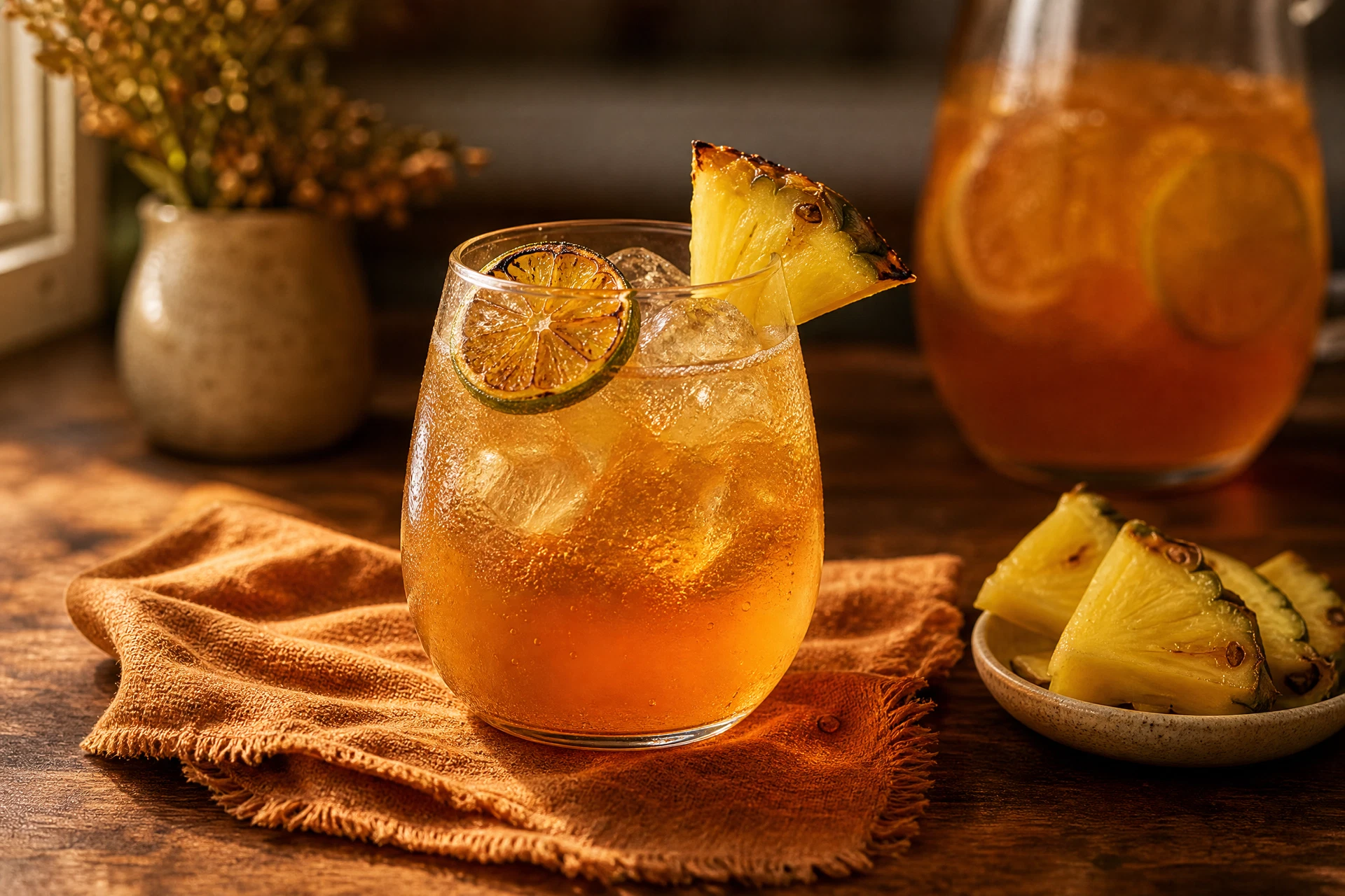 A short glass of golden pineapple tamarind fizz with clear ice, charred lime wheel, pineapple wedge, and a smoked paprika salt rim.