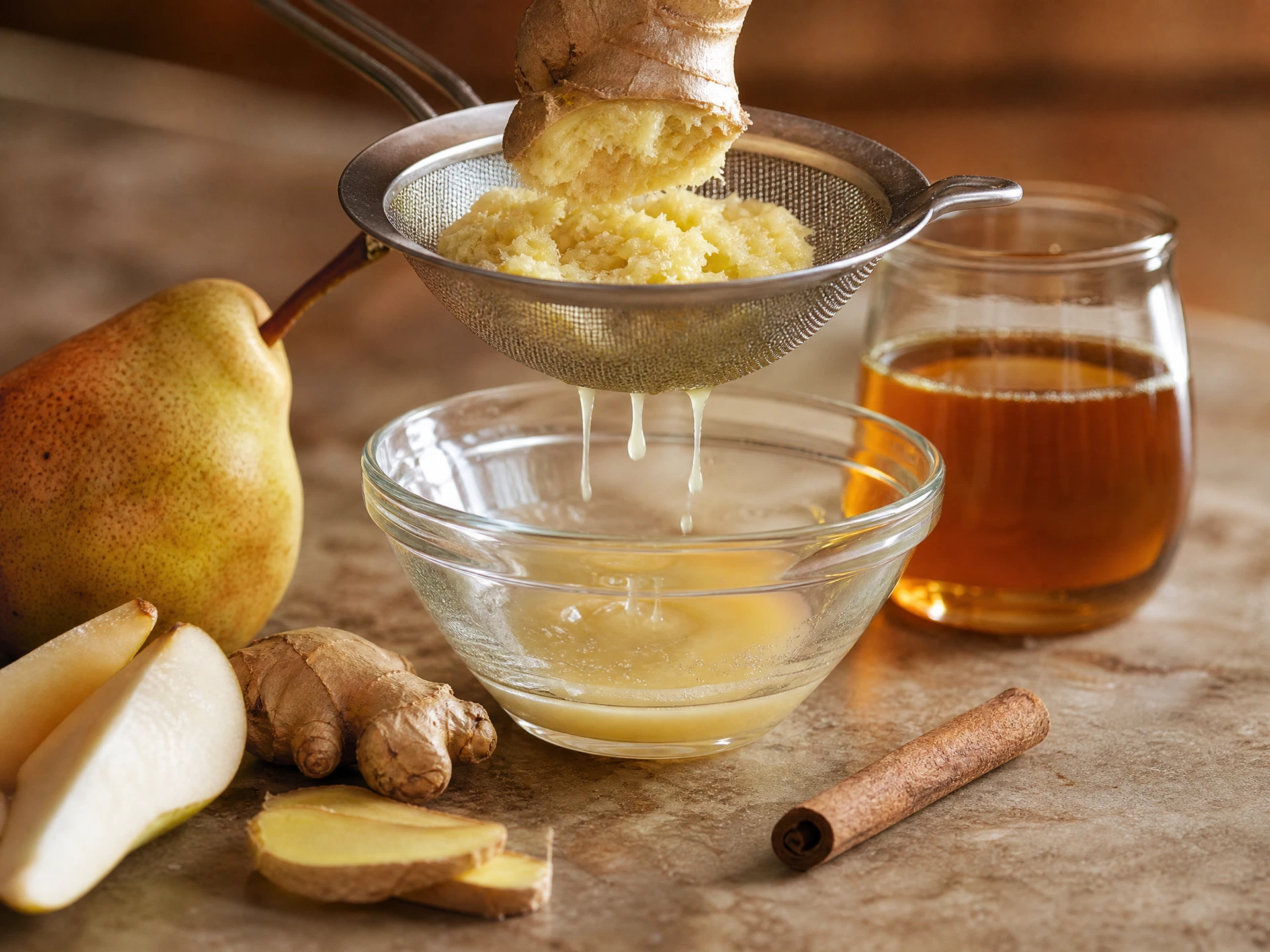 A close-up shot of fresh ginger being squeezed into a small glass, with a bottle of pear nectar and a bowl of cinnamon sticks nearby on a kitchen counter.
