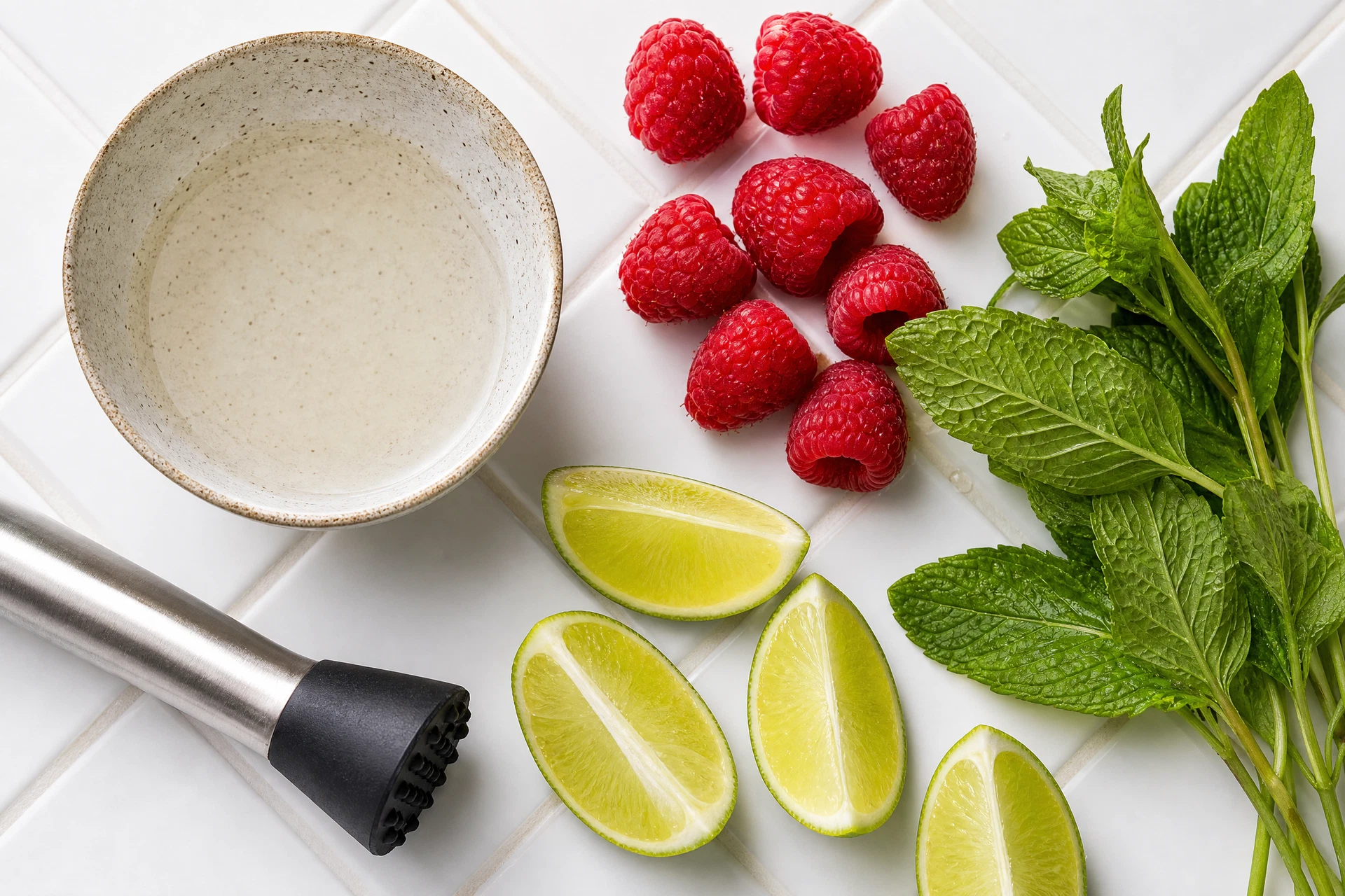A close-up view of fresh raspberries and mint sprigs being prepared for a botanical summer drink.