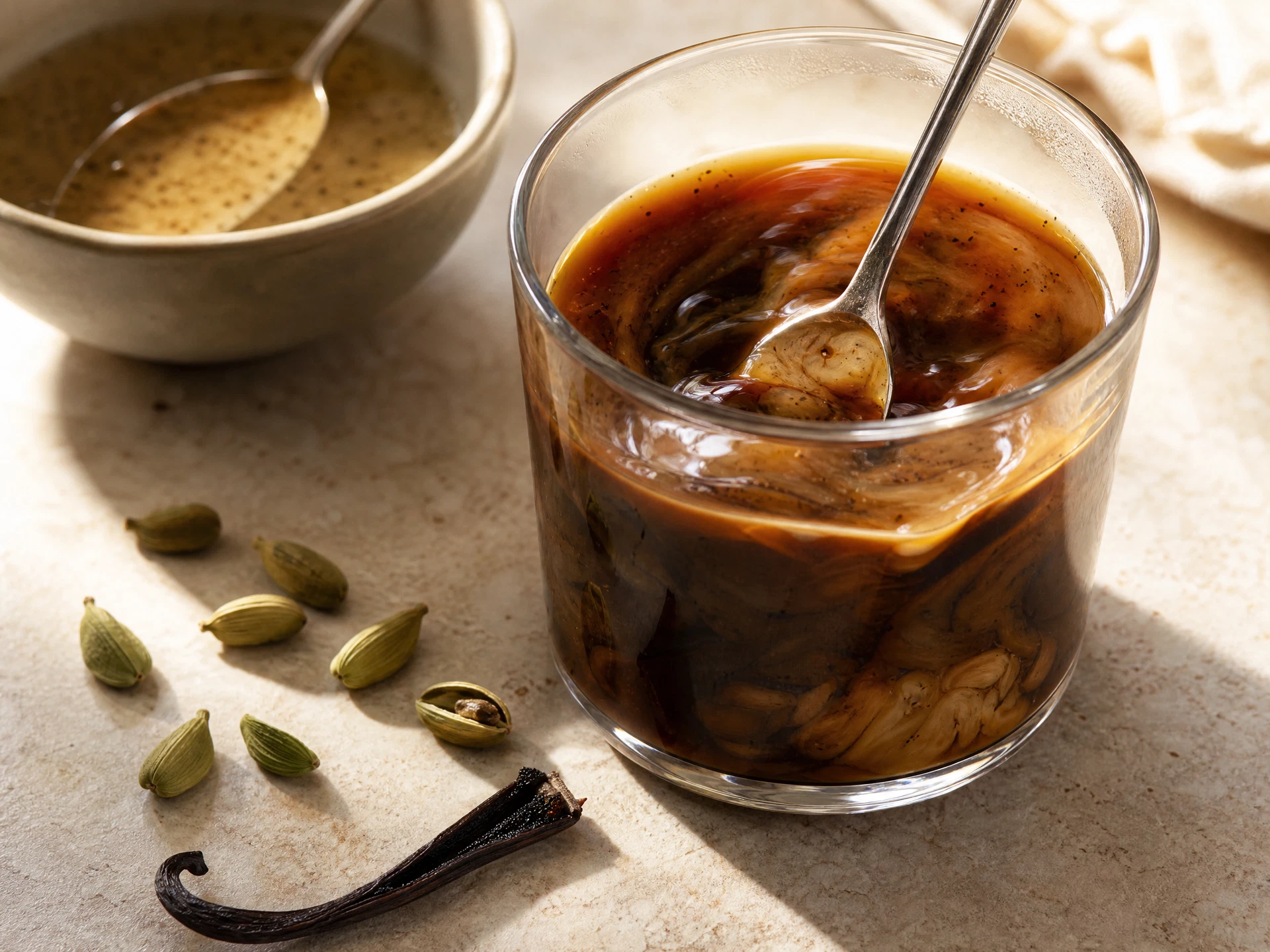 A top-down view of a creamy espresso spritz showing the effervescent bubbles of the soda water and the fine dark specks of vanilla bean paste mixed with the foam.