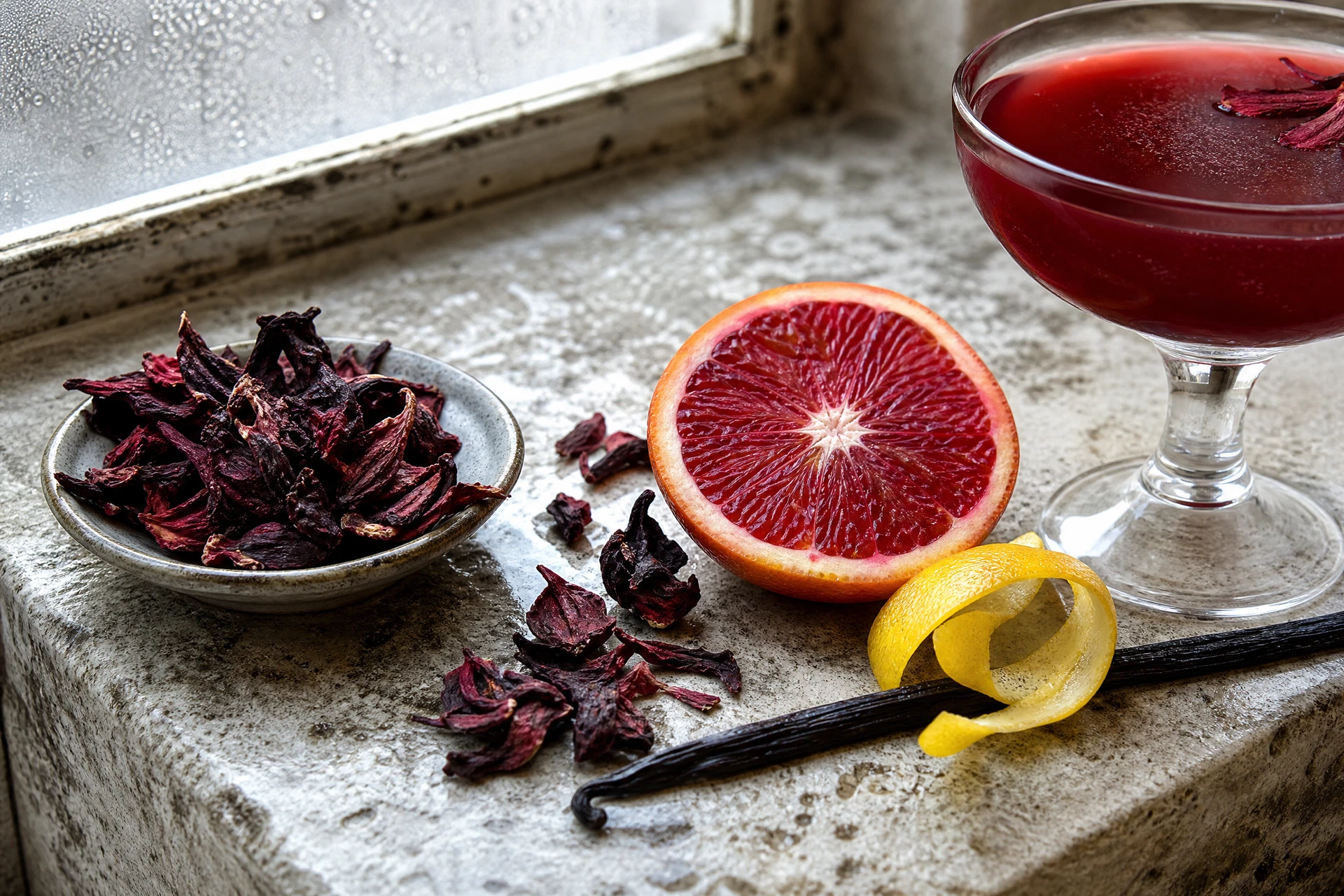 Hibiscus tea, blood orange, vanilla syrup, and lemon arranged beside a crimson zero-proof sparkling drink.
