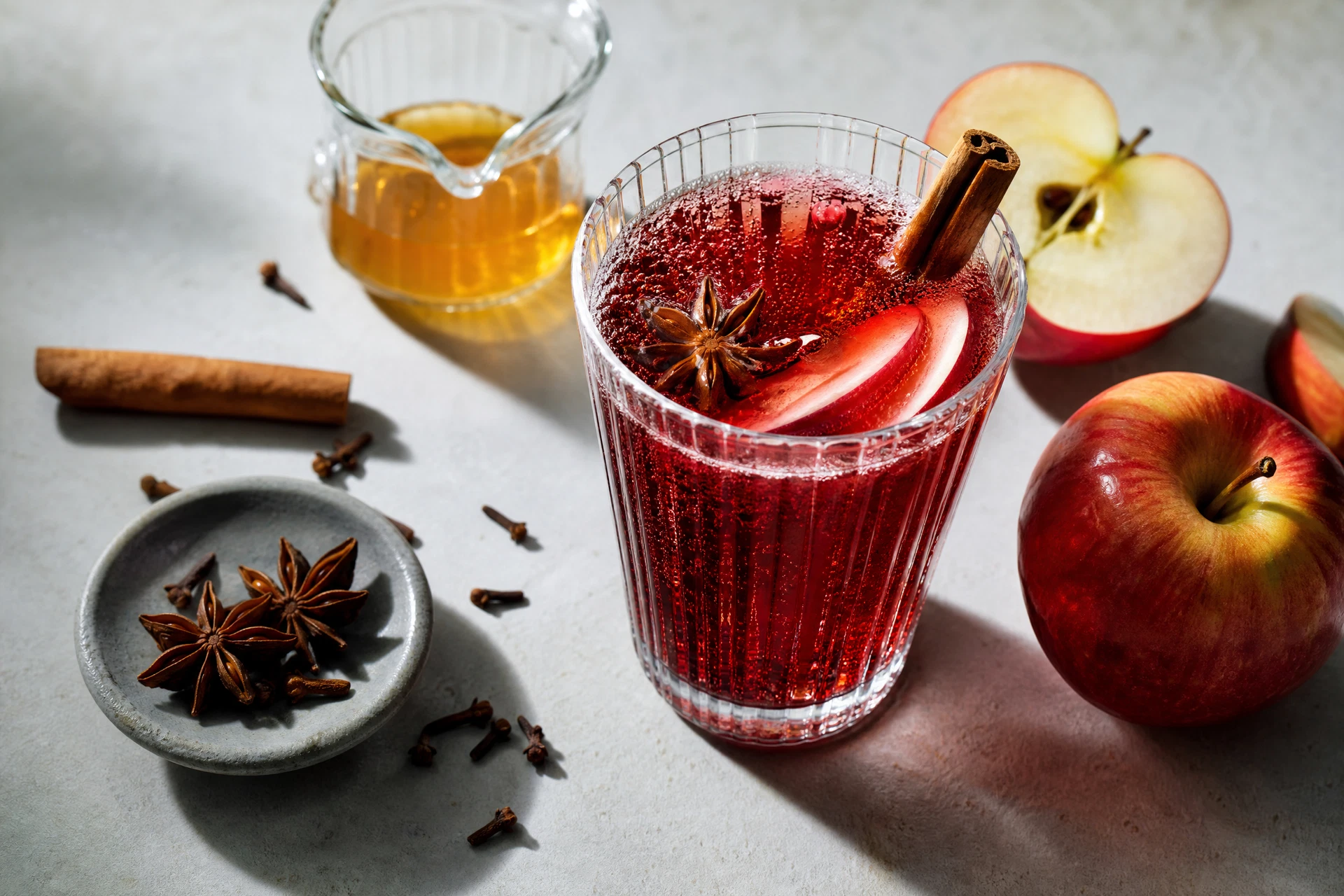 Close-up of cinnamon sticks and fresh apples next to a chilled spiced fruit drink.